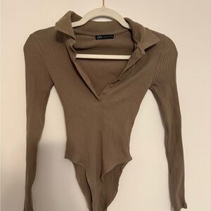 Zara Taupe Ribbed Long-Sleeve Polo Bodysuit